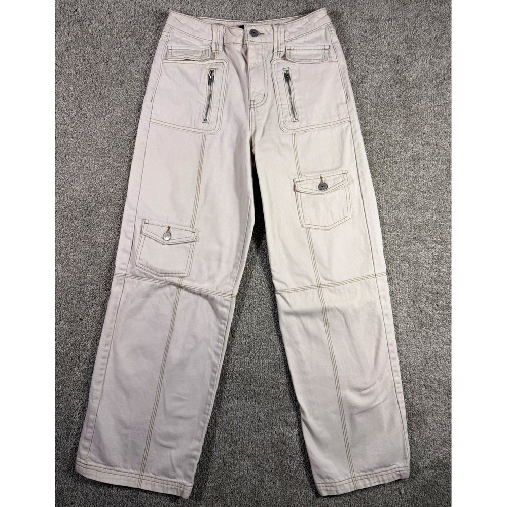 FOREVER 21 Women's White Cotton Cargo Pants Straight Leg 30 Inseam